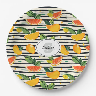 Tropical Fruit Stripe Yellow Orange Pink and Green Paper Plate