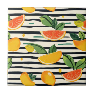 Tropical Fruit Stripe Yellow Orange Pink and Green Tile
