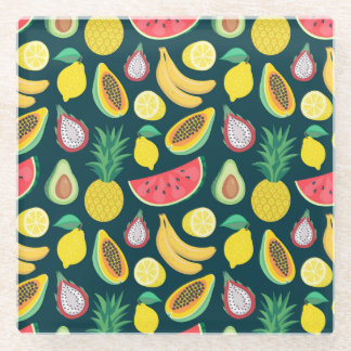 Tropical Fruit Vintage Pattern Bliss Glass Coaster