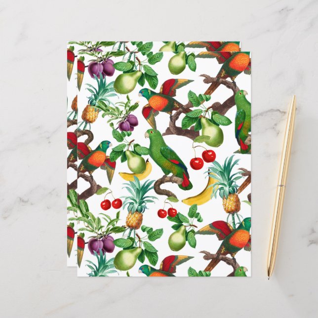 Tropical Fruits and Birds Pattern Scrapbook Paper (Front/Back In Situ)