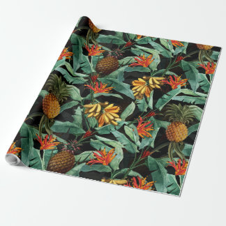 Tropical fruits and flowers jungle on black wrapping paper