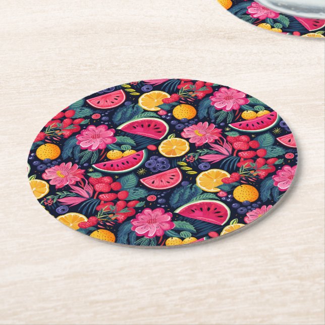 Tropical Fruits and Flowers Round Paper Coaster (Angled)