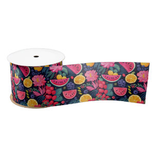Tropical Fruits and Flowers Satin Ribbon