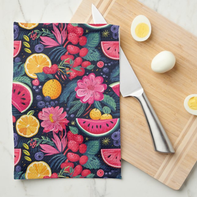 Tropical Fruits and Flowers Tea Towel (Quarter Fold)