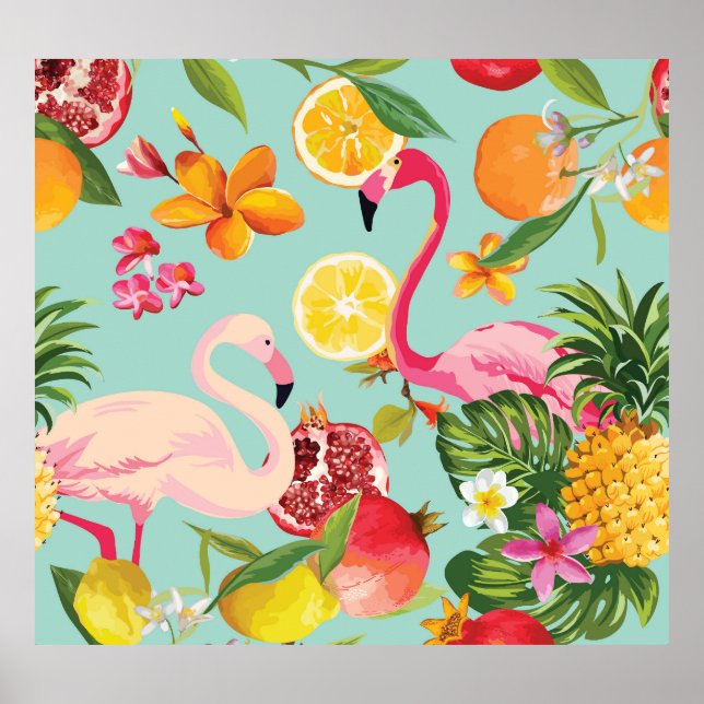 Tropical Fruits Flamingo Vintage Pattern Poster (Front)