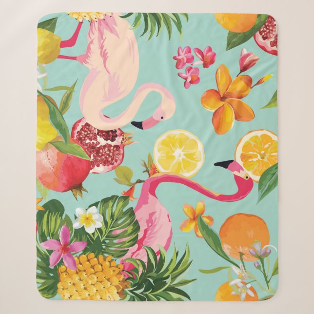 Tropical Fruits Flamingo Vintage Pattern Sherpa Blanket (Front)