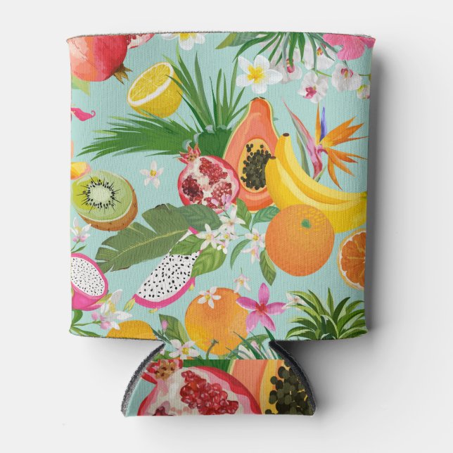 Tropical fruits, flowers: vintage background. can cooler (Front)