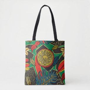 Tropical fruits, leaves, doodle floral pattern. tote bag