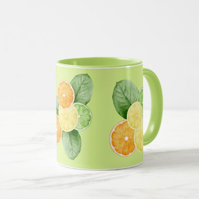 Tropical Fruits - Oranges, Lemons, Limes on Green Mug (Front Right)