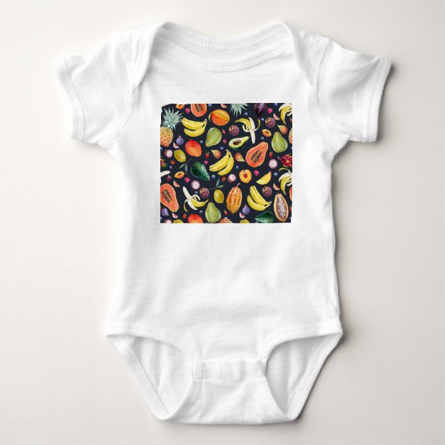 Tropical Fruits: Watercolor Multifruit Pattern. Baby Bodysuit (Front)