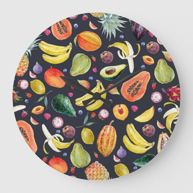 Tropical Fruits: Watercolor Multifruit Pattern. Large Clock (Front)