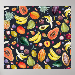 Tropical Fruits: Watercolor Multifruit Pattern. Poster