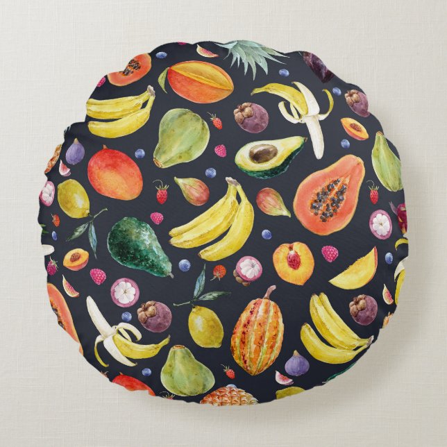 Tropical Fruits: Watercolor Multifruit Pattern. Round Cushion (Front)