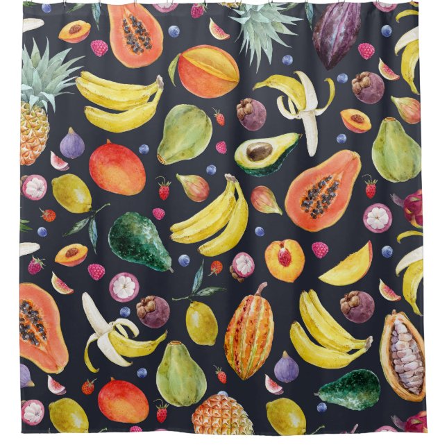 Tropical Fruits: Watercolor Multifruit Pattern. Shower Curtain (Front)