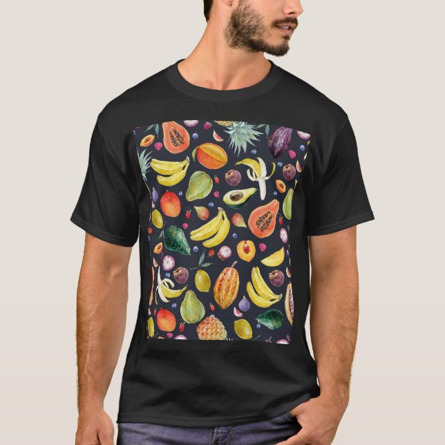 Tropical Fruits: Watercolor Multifruit Pattern. T-Shirt (Front)