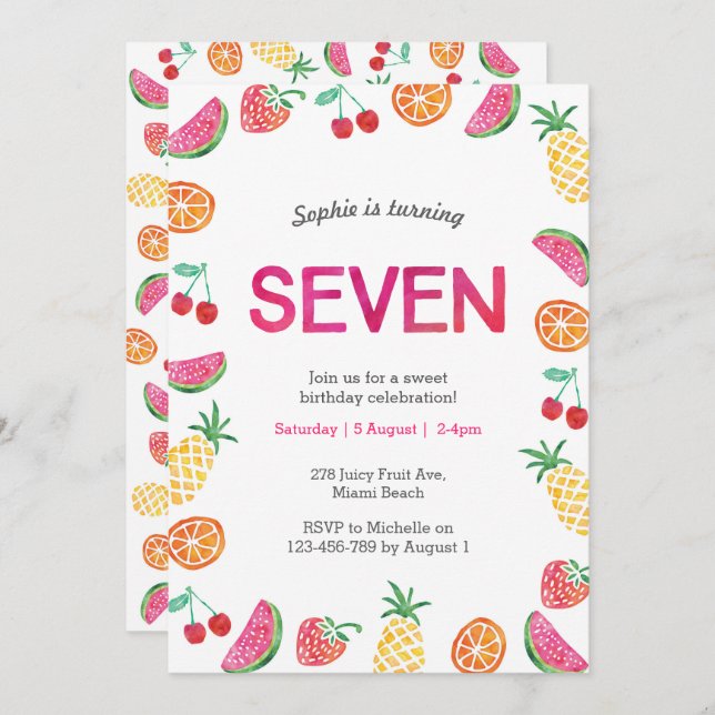 Tropical fruity Pink 7th Birthday Invitation (Front/Back)
