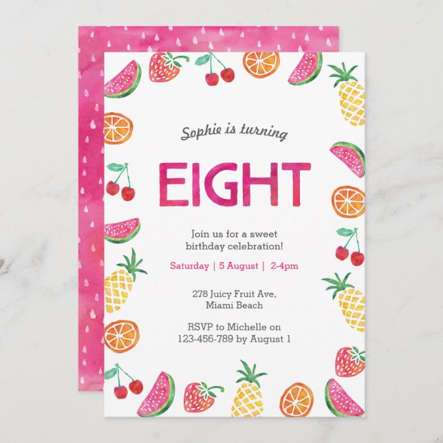 Tropical fruity Pink 8th Birthday Invitation (Front/Back)