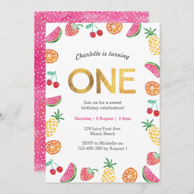 Tropical fruity Pink Gold Birthday Invitation (Front/Back)