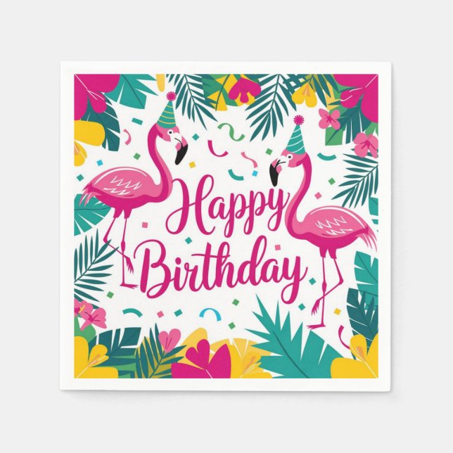 Tropical Fun Flamingo Birthday Design Napkin (Front)