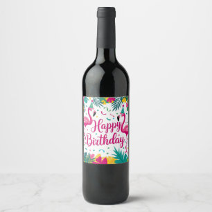 Tropical Fun Flamingo Birthday Design Wine Label