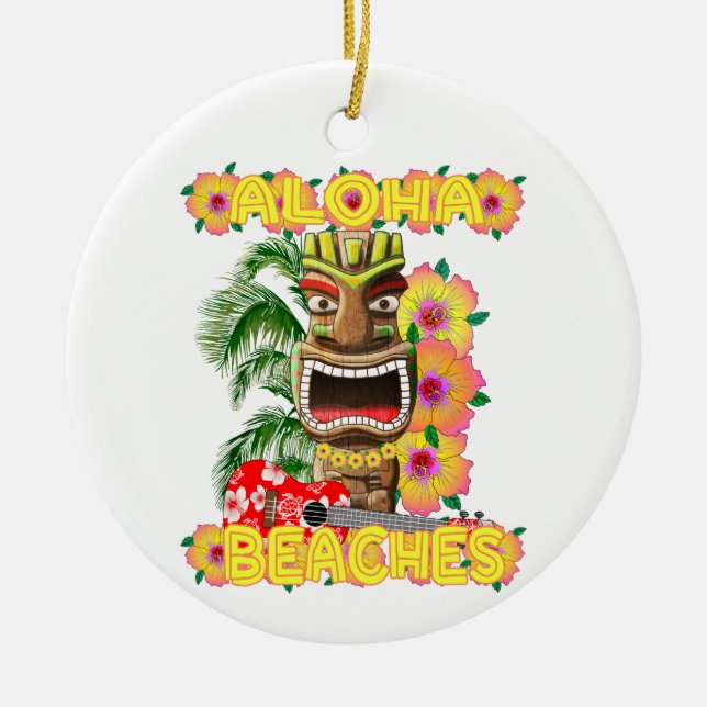 Tropical Funny Aloha Beaches Hawaiian Tiki Ceramic Tree Decoration (Front)