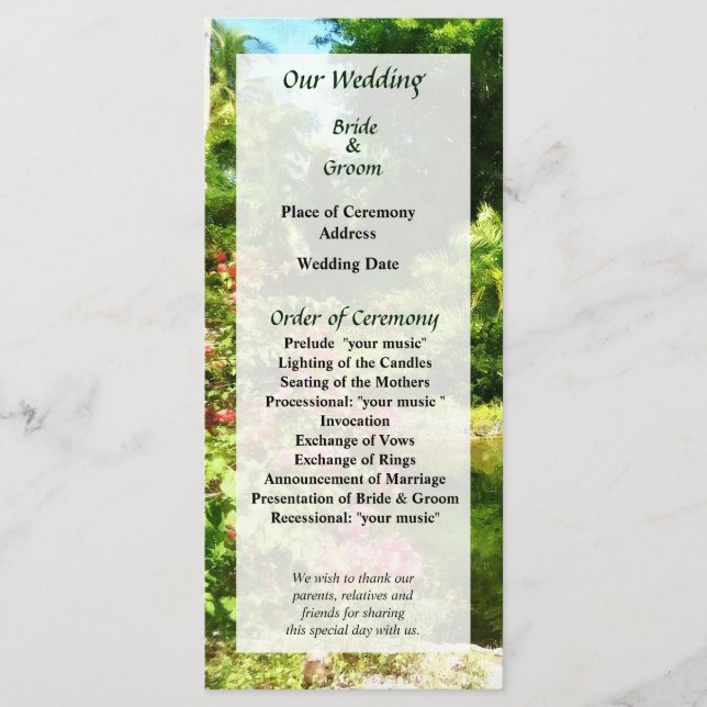 Tropical Garden by Lake Wedding Program Programme (Front)