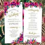 Tropical Garden Colourful Hibiscus Floral Wedding Programme<br><div class="desc">This beautiful wedding program features an elegant tropical garden design with hibiscus flowers and bird of paradise in vibrant shades of hot pink, fuchsia, purple, and yellow, along with palm leaves and tropical greenery. The titles are written in fancy gold script calligraphy, and there is space for your ceremony and...</div>