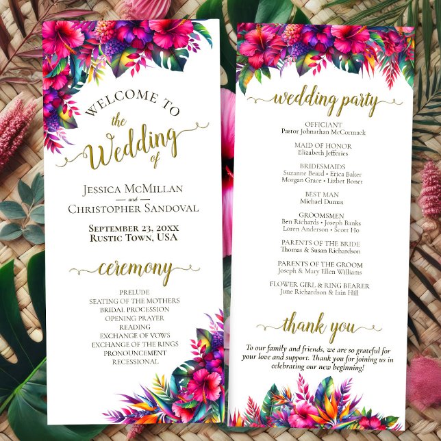 Tropical Garden Colourful Hibiscus Floral Wedding Programme (Front/Back)