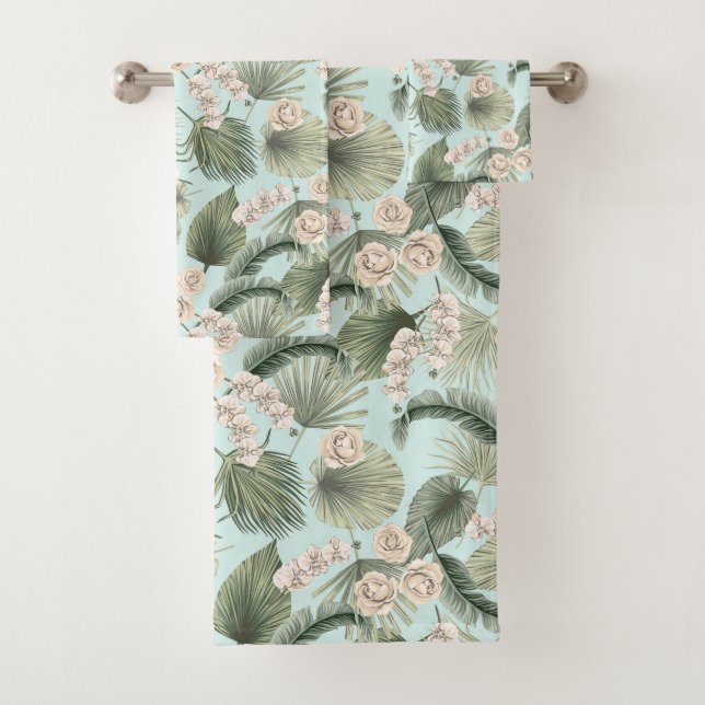 Tropical Garden Floral Orchid & Palm Pattern Bath Towel Set (Insitu)