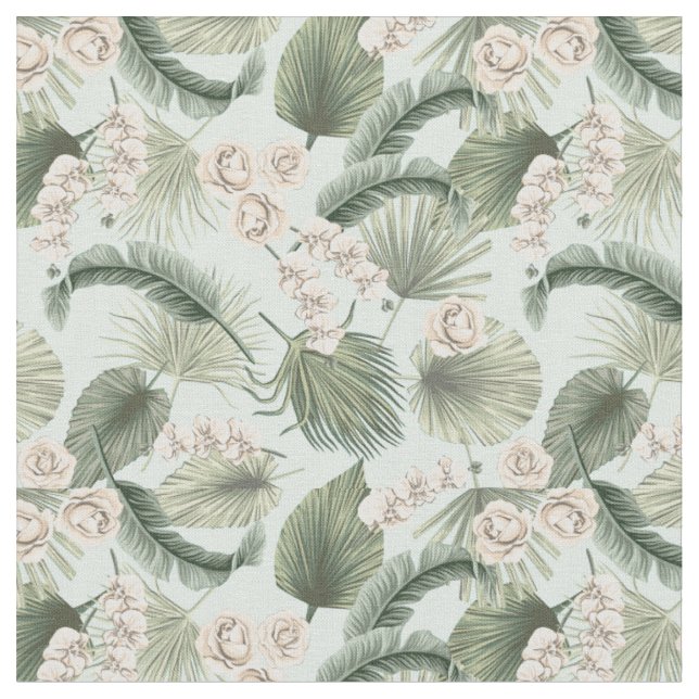 Tropical Garden Floral Orchid & Palm Pattern Fabric (Close Up)
