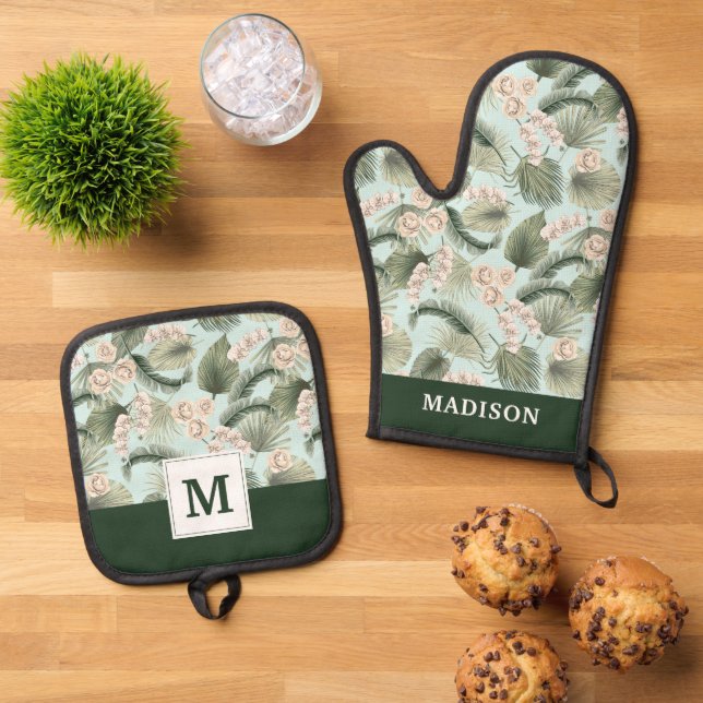 Tropical Garden Floral Orchid & Palm Pattern Oven Mitt & Pot Holder Set (Top Down)