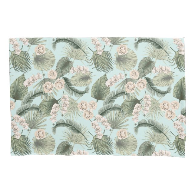 Tropical Garden Floral Orchid & Palm Pattern Pillowcase (Front)