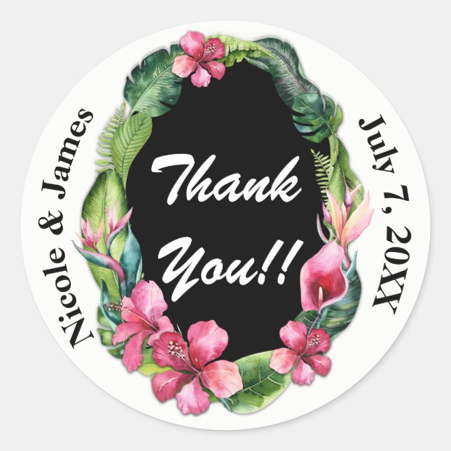 Tropical Garden Flowers & Leaves Wedding Thank You Classic Round Sticker (Front)