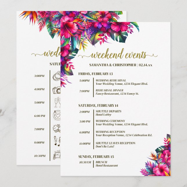 Tropical Garden Flowers Wedding Events & Timeline Programme (Front/Back)