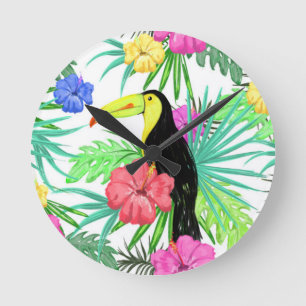 Tropical Garden Flowers with Parrot Round Clock