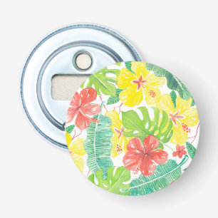 Tropical garden, hibiscus plumeria and palm leaves bottle opener