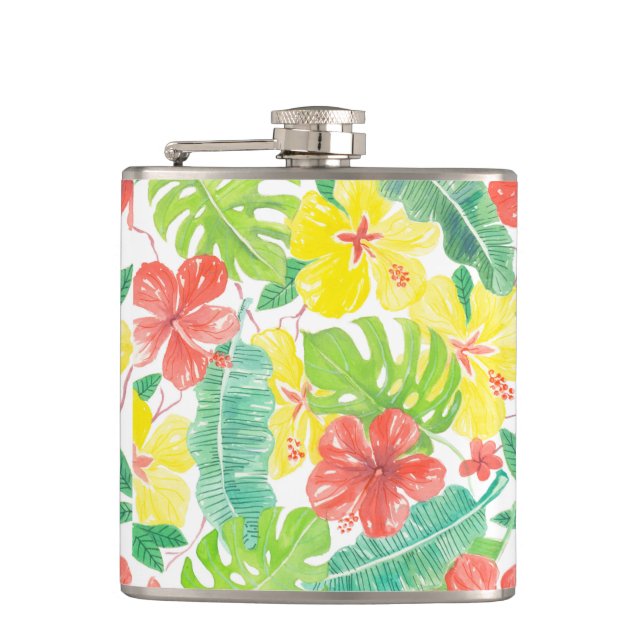 Tropical garden, hibiscus plumeria and palm leaves hip flask (Front)