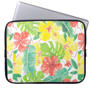 Tropical garden, hibiscus plumeria and palm leaves laptop sleeve