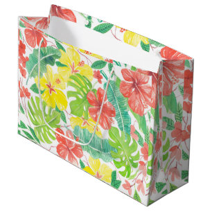 Tropical garden, hibiscus plumeria and palm leaves large gift bag