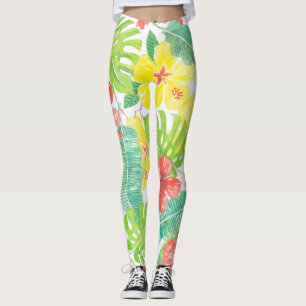 Tropical garden, hibiscus plumeria and palm leaves leggings