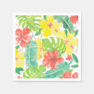 Tropical garden, hibiscus plumeria and palm leaves napkin