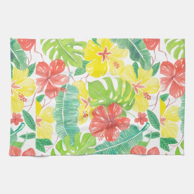 Tropical garden, hibiscus plumeria and palm leaves tea towel (Horizontal)