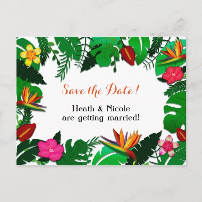 Tropical Garden Leaves Save the Date Postcard (Front)