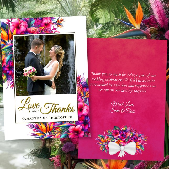 Tropical Garden Love & Thanks Wedding Photo & Note Thank You Card (Front/Back)