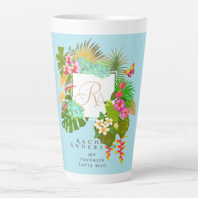 Tropical Garden Monogram Blue Latte Mug (Front)
