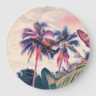 Tropical garden, sunset palm scene. large clock