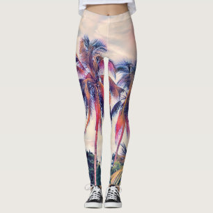 Tropical garden, sunset palm scene. leggings