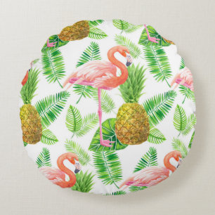Tropical garden watercolor pattern round cushion