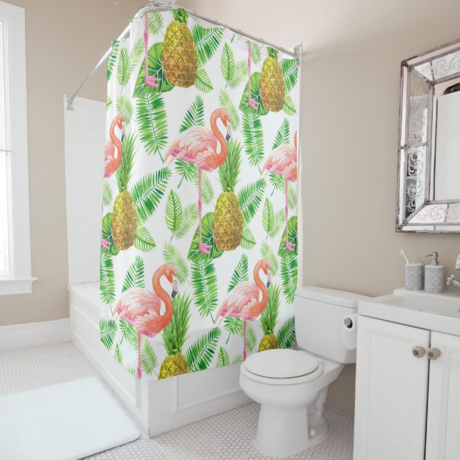 Tropical garden watercolor pattern shower curtain (In Situ)