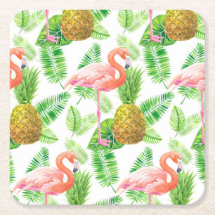 Tropical garden watercolor pattern square paper coaster